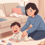 リビングルームの床で、頭にたんこぶを作って泣いている赤ちゃん（1歳くらい）を、心配そうな表情で涙を浮かべた母親が寄り添い、背中を撫でて慰めている様子を描いた、温かみのあるイラスト。背景にはソファや観葉植物が配置されている。左下の隅には、木のイラストと動物たちのロゴとともに、『武蔵小杉』『森のこどもクリニック小児科・皮膚科』のテキストが配置されている。