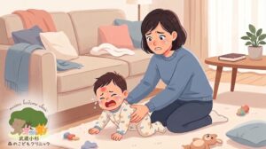 リビングルームの床で、頭にたんこぶを作って泣いている赤ちゃん（1歳くらい）を、心配そうな表情で涙を浮かべた母親が寄り添い、背中を撫でて慰めている様子を描いた、温かみのあるイラスト。背景にはソファや観葉植物が配置されている。左下の隅には、木のイラストと動物たちのロゴとともに、『武蔵小杉』『森のこどもクリニック小児科・皮膚科』のテキストが配置されている。