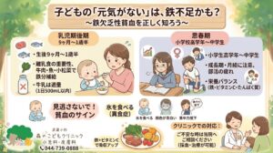 武蔵小杉の小児科・皮膚科「森のこどもクリニック」が解説する、子どもの鉄欠乏性貧血に関する図解イラスト。乳児期や思春期に起こりやすい鉄不足の原因、氷を食べるなどの貧血のサイン、鉄分とビタミンCによる食事での予防策、当院での採血・治療について分かりやすくまとめています。子どもの「元気がない」症状でお悩みの方はご相談ください。