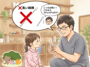 「武蔵小杉 森のこどもクリニック小児科・皮膚科」の診察室を舞台にした、親しみやすいイラスト。メガネをかけグレーのスクラブを着た優しいくま先生が跪き、ピンクのパジャマを着てツインテールの女の子に短い綿棒を見せている。女の子は怖がらず、安心した表情で医師を見ている。医師の頭上にある大きな吹き出しには、❌印がついた『❌長い綿棒』と、短い綿棒とともに『こっちは短い!これならコチョコチョだけ!』というテキストがある。背景の棚にはクリニック名のアルファベットブロックがあり、左下には動物たちが木を囲むクリニックのロゴが日本語テキスト『森のこどもクリニック』と共に配置されている。短い綿棒での痛くない検査を伝えるアイキャッチ画像。