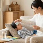 インフルエンザにかかって発熱した男の子と看病する母親