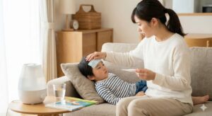 インフルエンザにかかって発熱した男の子と看病する母親