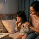 長引く咳が原因で夜間にせき込む女の子と心配そうに背中をさする母親