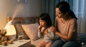 長引く咳が原因で夜間にせき込む女の子と心配そうに背中をさする母親