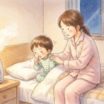 クループ症候群：夜間にオットセイのような咳をする男児と背中をさする母親｜武蔵小杉 森のこどもクリニック小児科・皮膚科