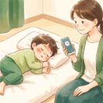 熱性けいれんの対応イラスト：体を横に向ける（回復体位）、口に物を入れない、時間を計り動画を撮る3つのポイント｜武蔵小杉 森のこどもクリニック小児科・皮膚科