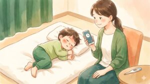 熱性けいれんの対応イラスト:体を横に向ける(回復体位)、口に物を入れない、時間を計り動画を撮る3つのポイント|武蔵小杉 森のこどもクリニック小児科・皮膚科