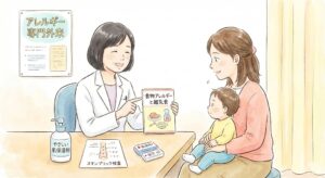 女性医師が食物アレルギーについて丁寧に説明し、母親が納得している様子。
