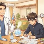 小児科医が受験生とその母親にインフルエンザの総合対策を説明するマンガ風イラスト。医師は注射型と経鼻型（フルミスト）のワクチンを持ち、テーブルには加湿器、湿度計、マスク、ハンドソープ、予防投与用の吸入薬（イナビル等）が置かれている。