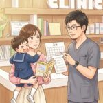 予防接種の打ち忘れがあって慌てて受診したお母さんと年長さんの男の子に、院長が優しくわかりやすく接種スケジュールを提案する様子