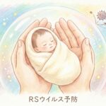 色鉛筆風の温かいイラスト。大きな優しい手に包まれて穏やかに眠る赤ちゃんが、虹色のバリア（抗体・予防薬の象徴）でRSウイルスから守られています。バリアに弾かれるウイルスが描かれ、画像下部には「RSウイルス予防」のテキストがあります。