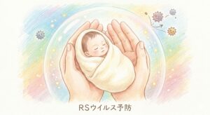 色鉛筆風の温かいイラスト。大きな優しい手に包まれて穏やかに眠る赤ちゃんが、虹色のバリア（抗体・予防薬の象徴）でRSウイルスから守られています。バリアに弾かれるウイルスが描かれ、画像下部には「RSウイルス予防」のテキストがあります。