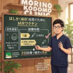 「武蔵小杉　森のこどもクリニック小児科・皮膚科」の院長が、黒板を使って「はしか（麻疹）を防ぐためのMRワクチン」について解説しているイラスト。黒板には空気感染の注意点や、1歳と小学校入学前の年長さんでの2回接種の重要性が図解されています。画像右下にはクリニックの理念「家族とともに未来を担うこども達の健やかな成長と幸せを目指します」が記載されています。