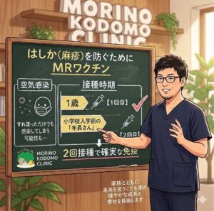 「武蔵小杉　森のこどもクリニック小児科・皮膚科」の院長が、黒板を使って「はしか（麻疹）を防ぐためのMRワクチン」について解説しているイラスト。黒板には空気感染の注意点や、1歳と小学校入学前の年長さんでの2回接種の重要性が図解されています。画像右下にはクリニックの理念「家族とともに未来を担うこども達の健やかな成長と幸せを目指します」が記載されています。