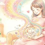 穏やかな表情で座る妊娠中の女性と、ワクチンがそのお腹の中の胎児を百日咳から守るシールドになる様子を描いた色鉛筆画。背景には柔らかい虹色のオーラとハートが描かれ、左下には緑色の木とクマ、ウサギ、リス、キツネの動物が描かれた森のこどもクリニックのロゴがある。」