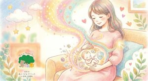 穏やかな表情で座る妊娠中の女性と、ワクチンがそのお腹の中の胎児を百日咳から守るシールドになる様子を描いた色鉛筆画。背景には柔らかい虹色のオーラとハートが描かれ、左下には緑色の木とクマ、ウサギ、リス、キツネの動物が描かれた森のこどもクリニックのロゴがある。」