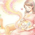 穏やかな表情で座る妊娠中の女性と、そのお腹の中の胎児をRSウイルス母子免疫ワクチンがシールドとして守る様子を描いた色鉛筆画。背景には柔らかい虹色のオーラとハートが描かれ、左下には緑色の木とクマ、ウサギ、リス、キツネの動物が描かれた「武蔵小杉 森のこどもクリニック小児科・皮膚科」のロゴがある。