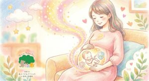 穏やかな表情で座る妊娠中の女性と、そのお腹の中の胎児をRSウイルス母子免疫ワクチンがシールドとして守る様子を描いた色鉛筆画。背景には柔らかい虹色のオーラとハートが描かれ、左下には緑色の木とクマ、ウサギ、リス、キツネの動物が描かれた「武蔵小杉 森のこどもクリニック小児科・皮膚科」のロゴがある。