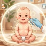 赤ちゃんの湿疹やアトピーの治療を積極的に行い、皮膚のバリアが守られることで、将来の食物アレルギーが抑制されることを表したイラスト。毛布の上に座った赤ちゃんの皮膚が難航治療を行うことで強くなり、卵アレルギーやナッツアレルギーを防いでいる。