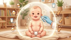 赤ちゃんの湿疹やアトピーの治療を積極的に行い、皮膚のバリアが守られることで、将来の食物アレルギーが抑制されることを表したイラスト。毛布の上に座った赤ちゃんの皮膚が難航治療を行うことで強くなり、卵アレルギーやナッツアレルギーを防いでいる。