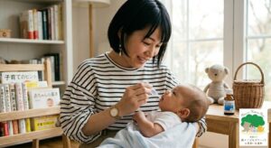 森のこどもクリニック(小児科・皮膚科)のロゴが入ったアイキャッチ画像。明るい室内で、ストライプのシャツを着た母親が赤ちゃんを抱き、笑顔でスポイトを使ってK2シロップを飲ませている。テーブルにはK2シロップの瓶とテディベア、カゴがあり、背景の本棚には『子育てのヒント』や『赤ちゃんの基本』といった育児書が並んでいる。