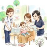 小児科の診察室で、母親から少量のゆで卵を食べさせてもらう1歳の女の子と、食物経口負荷試験を笑顔で見守る女性医師と看護師の優しい水彩画イラスト