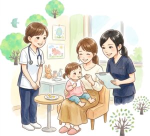 小児科の診察室で、母親から少量のゆで卵を食べさせてもらう1歳の女の子と、食物経口負荷試験を笑顔で見守る女性医師と看護師の優しい水彩画イラスト
