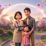 ウイルスから家族を守る光のドーム（コクーン戦略）に包まれ、笑顔で立つ4人家族のイラスト。母親は母子手帳を手に持っている。右下には「武蔵小杉 森のこどもクリニック小児科・皮膚科」のロゴ。