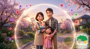 ウイルスから家族を守る光のドーム（コクーン戦略）に包まれ、笑顔で立つ4人家族のイラスト。母親は母子手帳を手に持っている。右下には「武蔵小杉 森のこどもクリニック小児科・皮膚科」のロゴ。