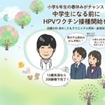 武蔵小杉 森のこどもクリニック小児科・皮膚科による、小学6年生を対象としたHPVワクチン接種推奨のパステル調イラストポスター。上部には大きなタイトルテキスト「小学6年生の春休みがチャンス！ 中学生になる前に HPVワクチン接種開始を」があります。中央には白い丸枠の中に白衣を着た男性医師の似顔絵があり、その右隣には制服姿の中学生の男女（学ランの男の子とセーラー服の女の子）が立っています。