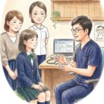 武蔵小杉「森のこどもクリニック」のこども頭痛外来の診察風景。紺色のスクラブを着た院長が、制服姿の女子中学生と母親に笑顔で優しく説明し、看護師が寄り添って見守る温かい色鉛筆風イラスト。