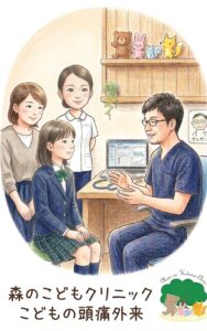 武蔵小杉「森のこどもクリニック」のこども頭痛外来の診察風景。紺色のスクラブを着た院長が、制服姿の女子中学生と母親に笑顔で優しく説明し、看護師が寄り添って見守る温かい色鉛筆風イラスト。