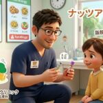 ブログ記事「急増中の「ナッツアレルギー」に要注意！最新の表示ルールと当院での検査・治療方針（エピペン・ネフィー対応）」のアイキャッチ画像。「武蔵小杉 森のこどもクリニック小児科・皮膚科」の診察室で、院長（くま先生）が女の子にアレルギー検査について笑顔で優しく説明しているイラスト。左下にはクリニックのロゴマークが入っています。