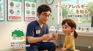 ブログ記事「急増中の「ナッツアレルギー」に要注意！最新の表示ルールと当院での検査・治療方針（エピペン・ネフィー対応）」のアイキャッチ画像。「武蔵小杉 森のこどもクリニック小児科・皮膚科」の診察室で、院長（くま先生）が女の子にアレルギー検査について笑顔で優しく説明しているイラスト。左下にはクリニックのロゴマークが入っています。