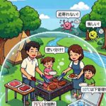 レトロなピクセルアート（ドット絵）のイラストです。タイトルは「BBQでこどもを守る！」。ドーム状の保護シールドの中で、家族4人がBBQを楽しんでいます。父親は2本のトングを使い分け、近くに「75℃1分加熱！」の吹き出しがあります。母親は食材を取り出しており、クーラーボックスの上に「10℃以下管理！」の吹き出しがあります。シールドの外側には、嫌そうな顔をした細菌やウイルスのキャラクターたちが「近寄れない！」「悔しい！」と吹き出しを出しています。左下に「武蔵小杉 森のこどもクリニック 小児科・皮膚科」のロゴがあります。背景はキャンプ場（テント、川、太陽、木）です。