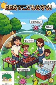 レトロなピクセルアート（ドット絵）のイラストです。タイトルは「BBQでこどもを守る！」。ドーム状の保護シールドの中で、家族4人がBBQを楽しんでいます。父親は2本のトングを使い分け、近くに「75℃1分加熱！」の吹き出しがあります。母親は食材を取り出しており、クーラーボックスの上に「10℃以下管理！」の吹き出しがあります。シールドの外側には、嫌そうな顔をした細菌やウイルスのキャラクターたちが「近寄れない！」「悔しい！」と吹き出しを出しています。左下に「武蔵小杉 森のこどもクリニック 小児科・皮膚科」のロゴがあります。背景はキャンプ場（テント、川、太陽、木）です。