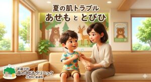 夏の肌トラブル「あせもととびひ」のタイトル文字と、「武蔵小杉 森のこどもクリニック小児科・皮膚科」のロゴが入ったアイキャッチ画像。温かい雰囲気の小児科待合室で、腕や首に赤い発疹ができた男の子をお母さんが優しく見守っているイラスト。