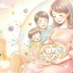 家族全員でウイルスから赤ちゃんを守る様子を描いたクレヨンタッチのイラスト。ワクチン接種の絆創膏を貼った妊婦さんの腕から虹色の光が流れ、お腹の中の赤ちゃんをバリアで包み込んでいる。後ろには笑顔のパパと上のお子さんが寄り添い、家族全体も大きなシールドで外のウイルスから守られている。左下には「武蔵小杉 森のこどもクリニック小児科・皮膚科」のロゴ。