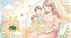 家族全員でウイルスから赤ちゃんを守る様子を描いたクレヨンタッチのイラスト。ワクチン接種の絆創膏を貼った妊婦さんの腕から虹色の光が流れ、お腹の中の赤ちゃんをバリアで包み込んでいる。後ろには笑顔のパパと上のお子さんが寄り添い、家族全体も大きなシールドで外のウイルスから守られている。左下には「武蔵小杉 森のこどもクリニック小児科・皮膚科」のロゴ。