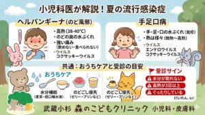 小児科専門医が解説する、夏の流行感染症「ヘルパンギーナ」と「手足口病」の症状の違いやホームケアのポイントをまとめたインフォグラフィック画像。ヘルパンギーナは38〜40℃の高熱とのどの奥の水ぶくれ・強い痛みが特徴。手足口病は手・足・口の発疹や水ぶくれが特徴です。共通のおうちケアとして水分補給（麦茶・経口補水液）やのどごしの良い食事（ゼリーやプリン）、また受診の目安として水分が取れない時や高熱が3日以上続く場合などの注意点が可愛らしい動物や子どものイラストと共に記載されています。武蔵小杉 森のこどもクリニック 小児科・皮膚科。