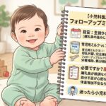 笑顔の赤ちゃんが、フォローアップミルクの開始時期や育児用ミルクとの違い、必要性などの要点をまとめたインフォグラフィックのノートを掲げているイラスト。左下には「武蔵小杉 森のこどもクリニック 小児科・皮膚科」のロゴ。