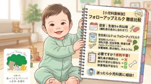 笑顔の赤ちゃんが、フォローアップミルクの開始時期や育児用ミルクとの違い、必要性などの要点をまとめたインフォグラフィックのノートを掲げているイラスト。左下には「武蔵小杉 森のこどもクリニック 小児科・皮膚科」のロゴ。