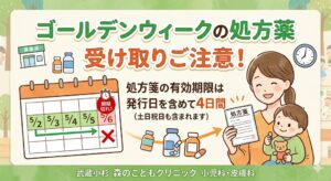 「武蔵小杉 森のこどもクリニック小児科・皮膚科」が、ゴールデンウィーク期間中の処方薬受け取りに関する重要な注意事項を伝えるイラスト。上部に「ゴールデンウィークの処方薬 受け取りご注意！」と大きく書かれている。中央には「処方箋の有効期限は発行日を含めて4日間（土日祝日も含まれます）」という具体的な説明文がある。左側にはカレンダーがあり、5月2日から5月5日までの4日間が有効期間として示され、5月6日には「期限切れ！」のスタンプと大きな赤いX印が描かれている。右側には、処方箋を持つ笑顔の母親と、くまのぬいぐるみを持った子供のイラスト、時計、薬局、薬の瓶のアイコンが配置されている。下部にはクリニック名「武蔵小杉 森のこどもクリニック 小児科・皮膚科」と書かれている。背景は親しみやすい森のイラスト。