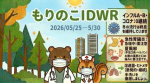 「森のこどもクリニック小児科・皮膚科」の感染症週報「もりのこIDWR」のアイキャッチ画像（期間：2026年5月25日〜30日）。マスクをしたクマの医師とリスの看護師のイラスト。右側には感染症動向のまとめがあり、インフル・コロナは終息継続、急性胃腸炎と夏風邪（手足口病・ヘルパン）は急増中で要注意、溶連菌・ヒトメタは散発的継続であることを、テキストとアイコン（胃、手足口の水疱、肺）で示しています。森と都会のスカイラインを背景にしています。