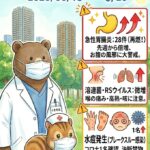 「森のこどもクリニック小児科・皮膚科」が発行する「もりのこIDWR（2026/06/15〜6/20）」。武蔵小杉のビル群と森を背景に、白衣と紺色のスクラブを着たクマの医師（くま先生）と、白衣のリスの看護師が並んでいます。右側の動向パネルには上から赤枠で「急性胃腸炎：28件（再燃！）先週から倍増」、同じく赤枠で「溶連菌・RSウイルス：微増」、黄色枠で「水痘発生（ブレークスルー感染）・コロナ1名確認」、青枠で「インフルA・B：0継続」と記載されており、それぞれに対応したアイコンと矢印が描かれています。