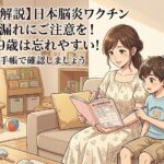 夏の装いをした母親と9歳の男の子が、リビングのソファで一緒に母子健康手帳を開き、予防接種の履歴を確認しているイラスト。画像内には「【小児科医解説】日本脳炎ワクチン接種漏れにご注意を！3歳・9歳は忘れやすい！母子手帳で確認しましょう」という見出しと、左下に「武蔵小杉 森のこどもクリニック小児科・皮膚科」のロゴが配置されています。