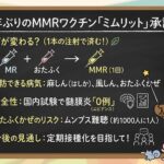 「武蔵小杉 森のこどもクリニック小児科・皮膚科の院長（くま先生）が解説する、新MMRワクチン「ミムリット」承認の要点まとめ。1回の注射で麻しん・風しん・おたふくかぜが予防できるメリット、国内試験での安全性（髄膜炎0例のエビデンス）、ムンプス難聴のリスクなどが黒板風のインフォグラフィックでわかりやすく記載されています。