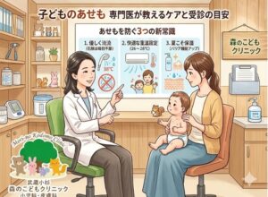 この画像は、クリニックでの診察シーンを描いたイラストで構成されています。タイトル「子どものあせも 専門医が教えるケアと受診の目安」と、壁のインフォグラフィック「あせもを防ぐ3つの新常識」が描かれています。インフォグラフィックには、「1. 優しく流す（石鹸は毎日不要）」、「2. 快適な室温設定（26～28℃）」、「3. 夏こそ保湿（バリア機能アップ）」という3つのケアポイントがイラスト付きで説明されています。 シーンには、白衣を着た皮膚科の石川医師がポスターを指差して説明し、その前でおむつ姿の赤ちゃんを膝に乗せた母親が熱心に聞いている様子が描かれています。赤ちゃんにはあせもの症状が見られます。背景の棚には動物のおもちゃや医療器具があり、壁には「森のこどもクリニック」の看板があります。 ロゴは、英語テキスト「Mori-no Kodomo Clinic」、大きな木、4匹の動物（くま、うさぎ、リス、キツネ）、そして日本語テキスト「武蔵小杉 森のこどもクリニック 小児科・皮膚科」で構成されています。
