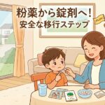 「粉薬から錠剤へ！安全な移行ステップ」という見出しが書かれたブログ用アイキャッチ画像。リビングのテーブルで母親が優しく見守る中、男の子がラムネを使って錠剤を飲む練習をしています。背景の棚からは、「武蔵小杉 森のこどもクリニック小児科・皮膚科」のロゴにも案っているクマ、ウサギ、キツネの人形たちが、おもちゃ箱から飛び出したように「がんばれ！」と応援している温かみのあるイラストです。左下には当院の円形ロゴマークが配置されています。