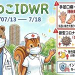 「武蔵小杉 森のこどもクリニック小児科・皮膚科」の感染症週報「もりのこIDWR」（2026年7月13日〜7月18日）のアイキャッチ画像。武蔵小杉のビル群と緑豊かな森を背景に、白衣とスクラブを着てマスクをしたクマの医師（くま先生）と、白衣とマスク姿のリスの看護師が並んでいます。右側のデータパネルには上から順に、赤枠で「手足口病・ヘルパン：116件（爆発的大流行継続！）先週に続き大流行中。喉の痛み・脱水に最大警戒。」、赤枠で「新型コロナ（COVID-19）：1名（ゼロ行進ストップ！）久しぶりの陽性者。夏休み前の対策見直し。」、黄枠で「急性胃腸炎：30件（高水準維持！）お腹の風邪、依然として流行中。脱水注意。」、青枠で「インフルA/B・RS：0継続。冬・春の流行は終息を維持。」と記載され、それぞれ手足の発疹と喉の水疱、新型コロナウイルス、胃、盾で守られた肺のイラストが添えられています。